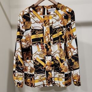 Norton McNaughton Black, Gold & White Baroque Print Blouse